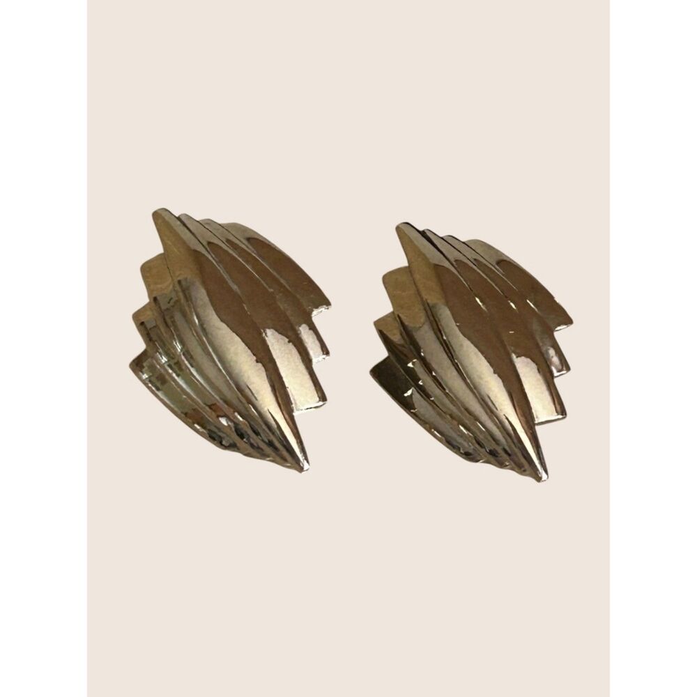 ✨VTG CHUNKY STATEMENT ABSTRACT WING GEOMETRIC FAN SILVER TONE MODERNIST EARRINGS